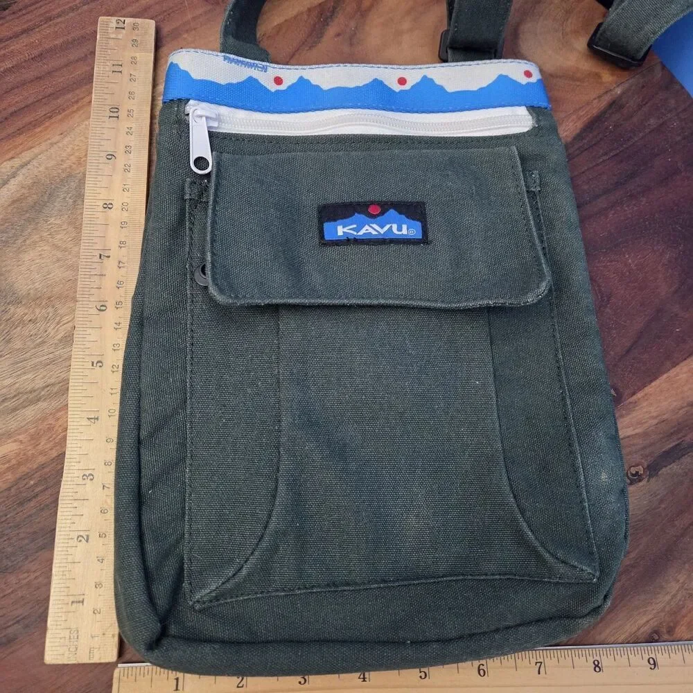 Kavu Keeper Crossbody Bag Forest Green Mountain Trim Boho Messenger Adj Strap